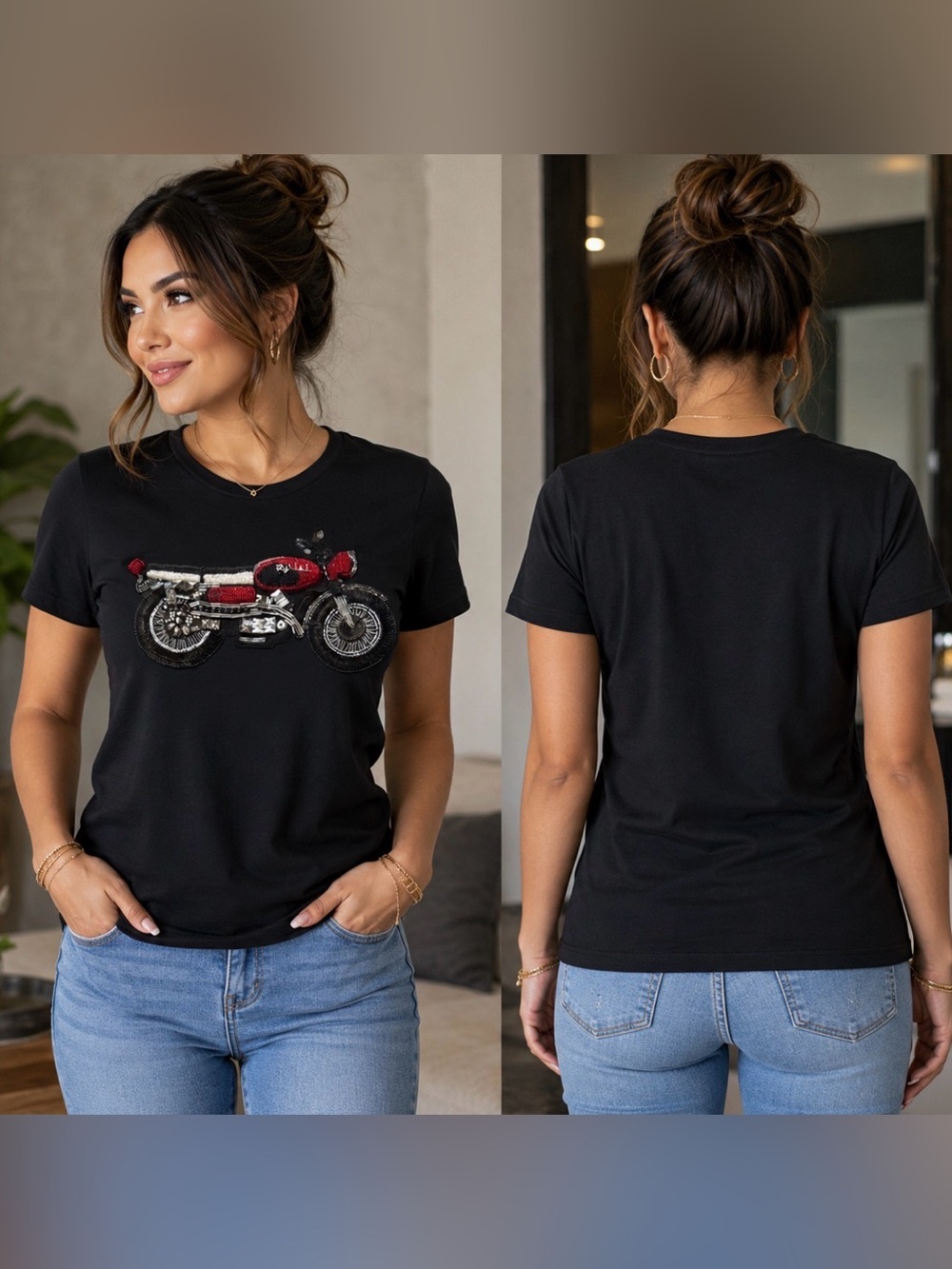 Sonia Rykiel Black Tee with Red Motorcycle Applique